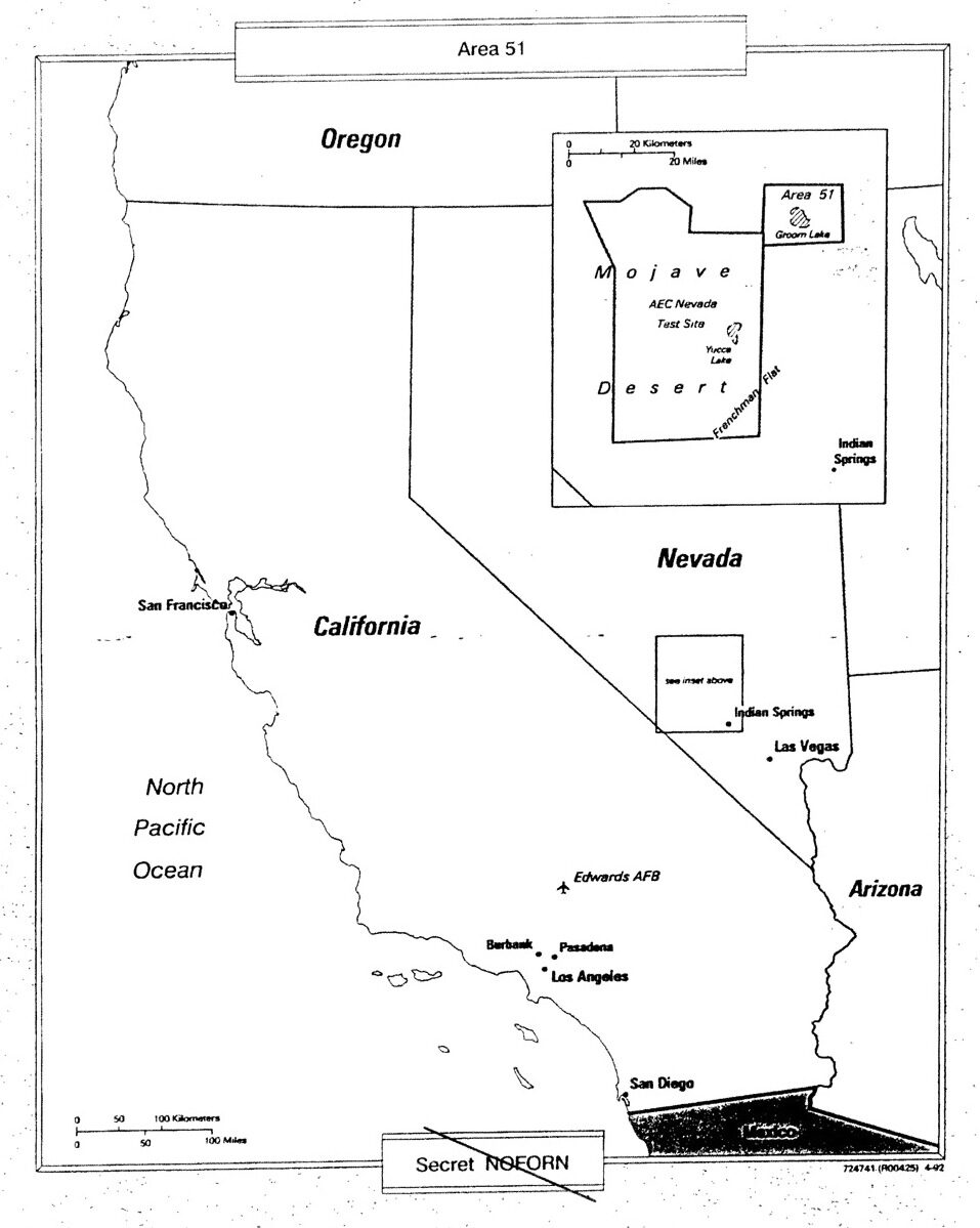 Declassified CIA map showing Groom Lake and the Area 51 site within the Nevada Test and Training Range