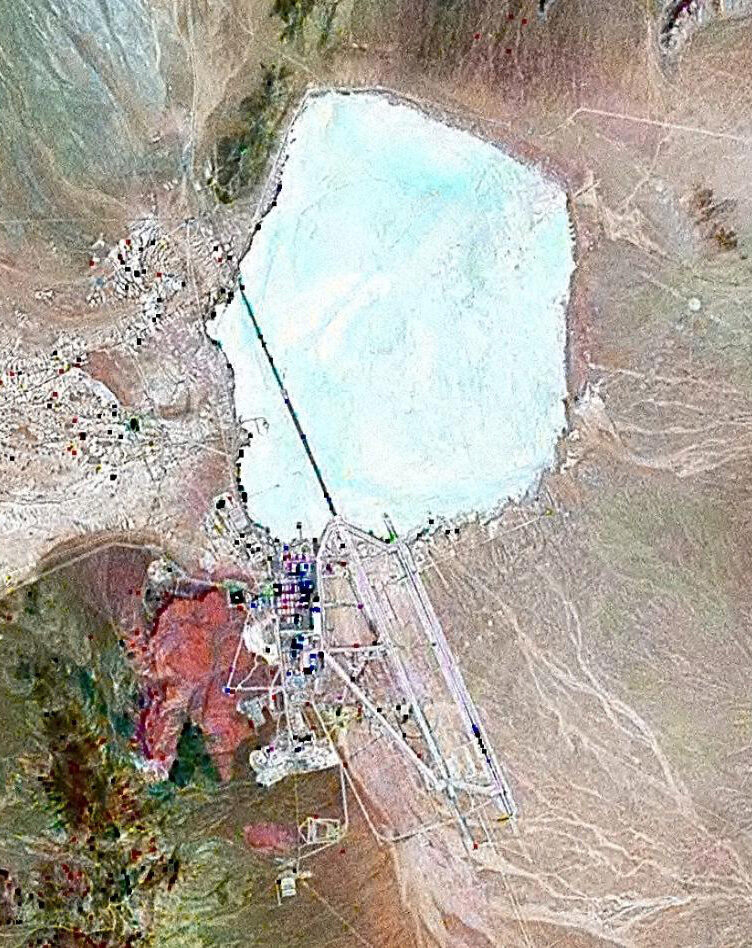 Landsat satellite view of the Groom Lake dry lakebed and the Area 51 airfield in the Nevada desert