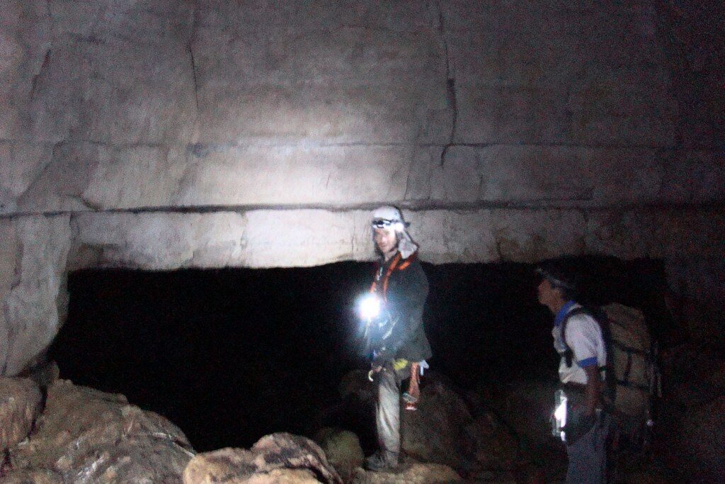 A limestone cave wall in the Cueva de los Tayos showing horizontal layering and vertical fractures that meet at right angles.