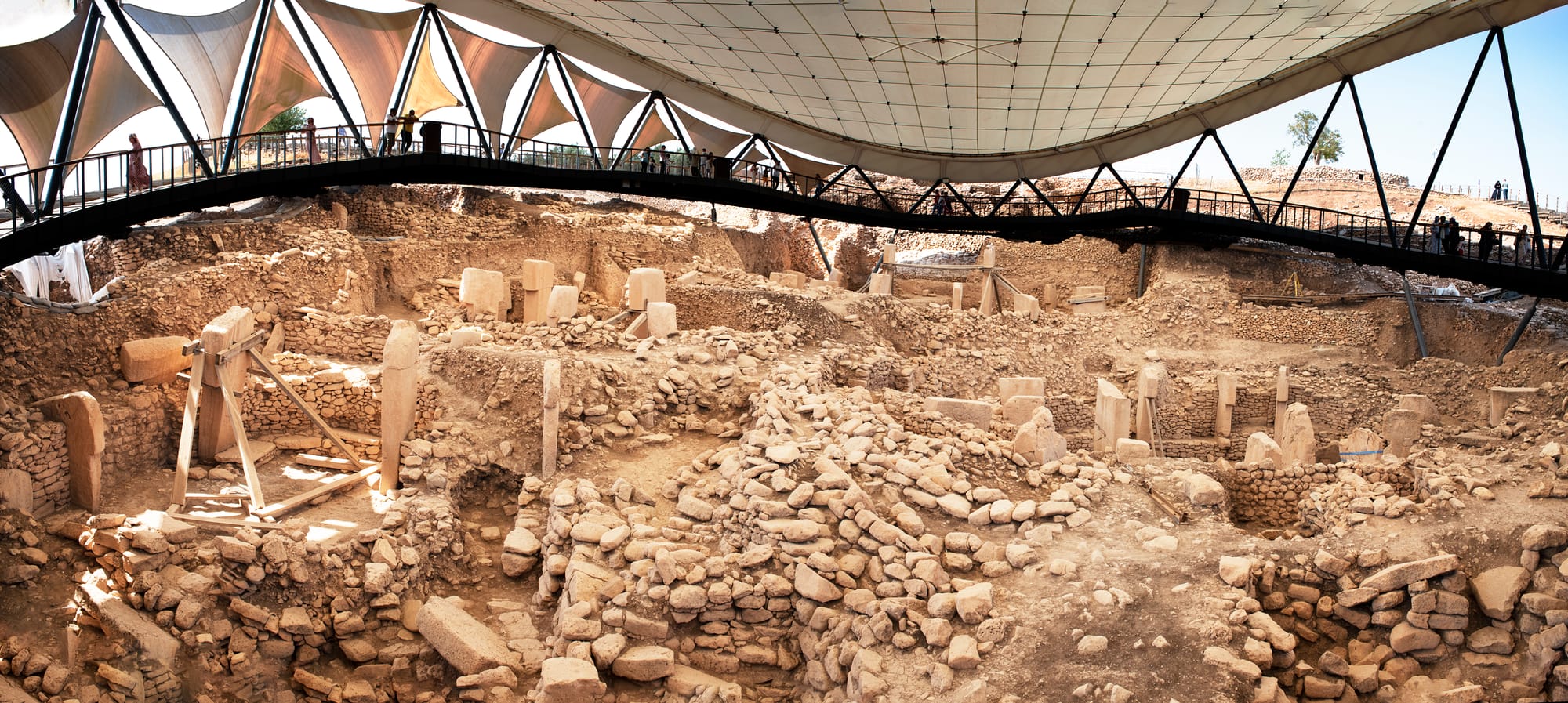 Panoramic view of the excavated stone enclosures at Göbekli Tepe