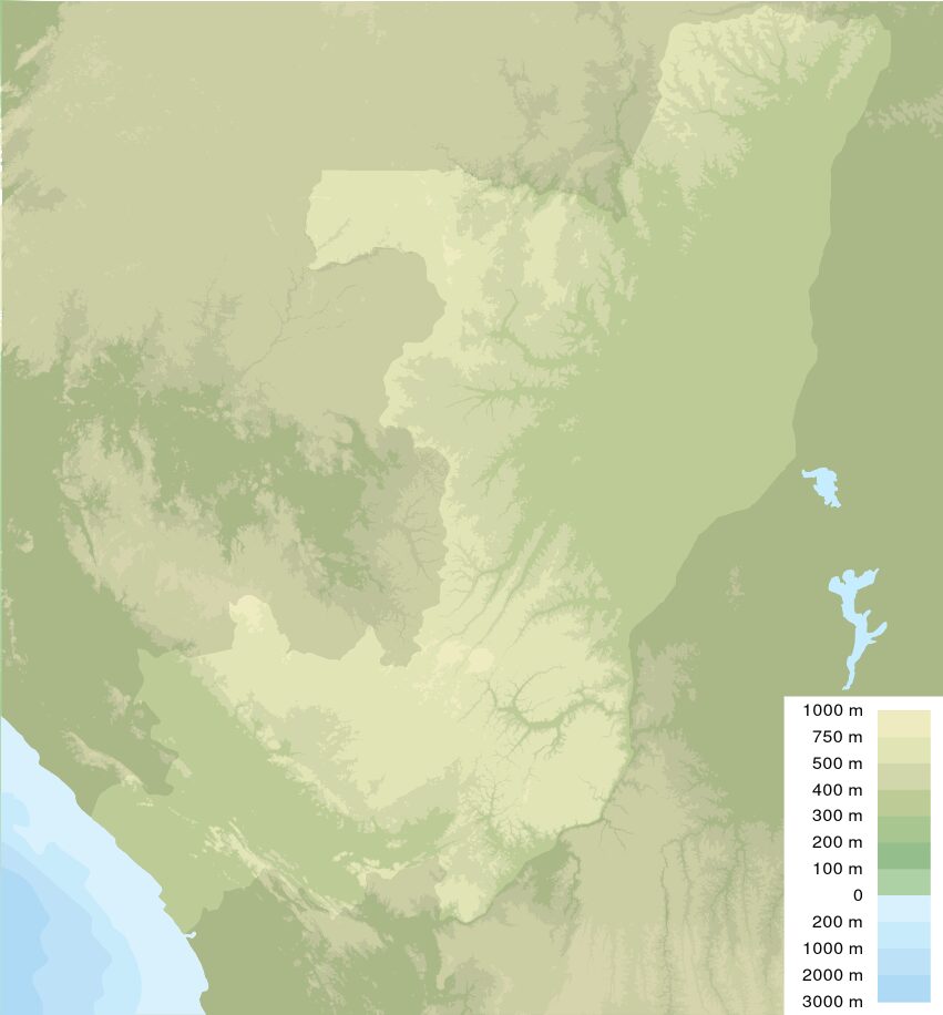 Physical relief map of the Republic of the Congo showing rivers, terrain and the northern Likouala region