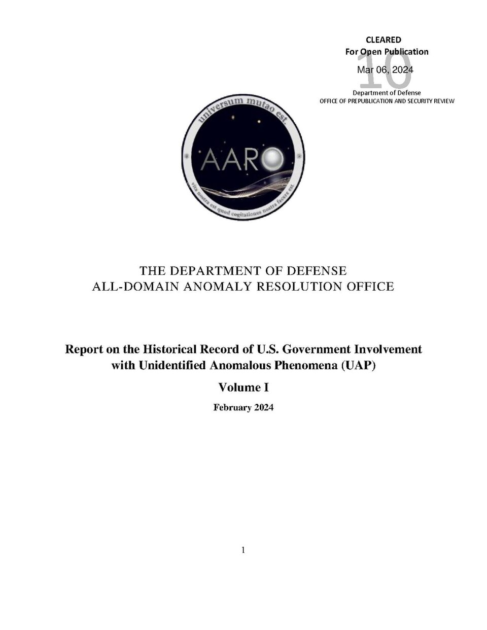 Cover of the AARO Historical Record Report, Volume 1, March 2024