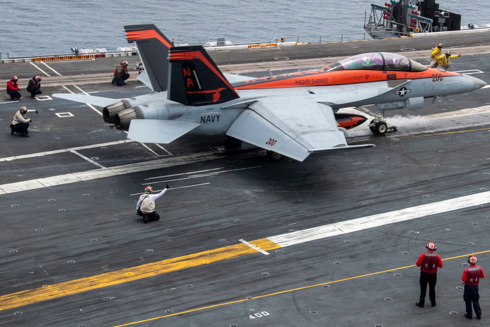 An F/A-18F Super Hornet launching from the USS Nimitz