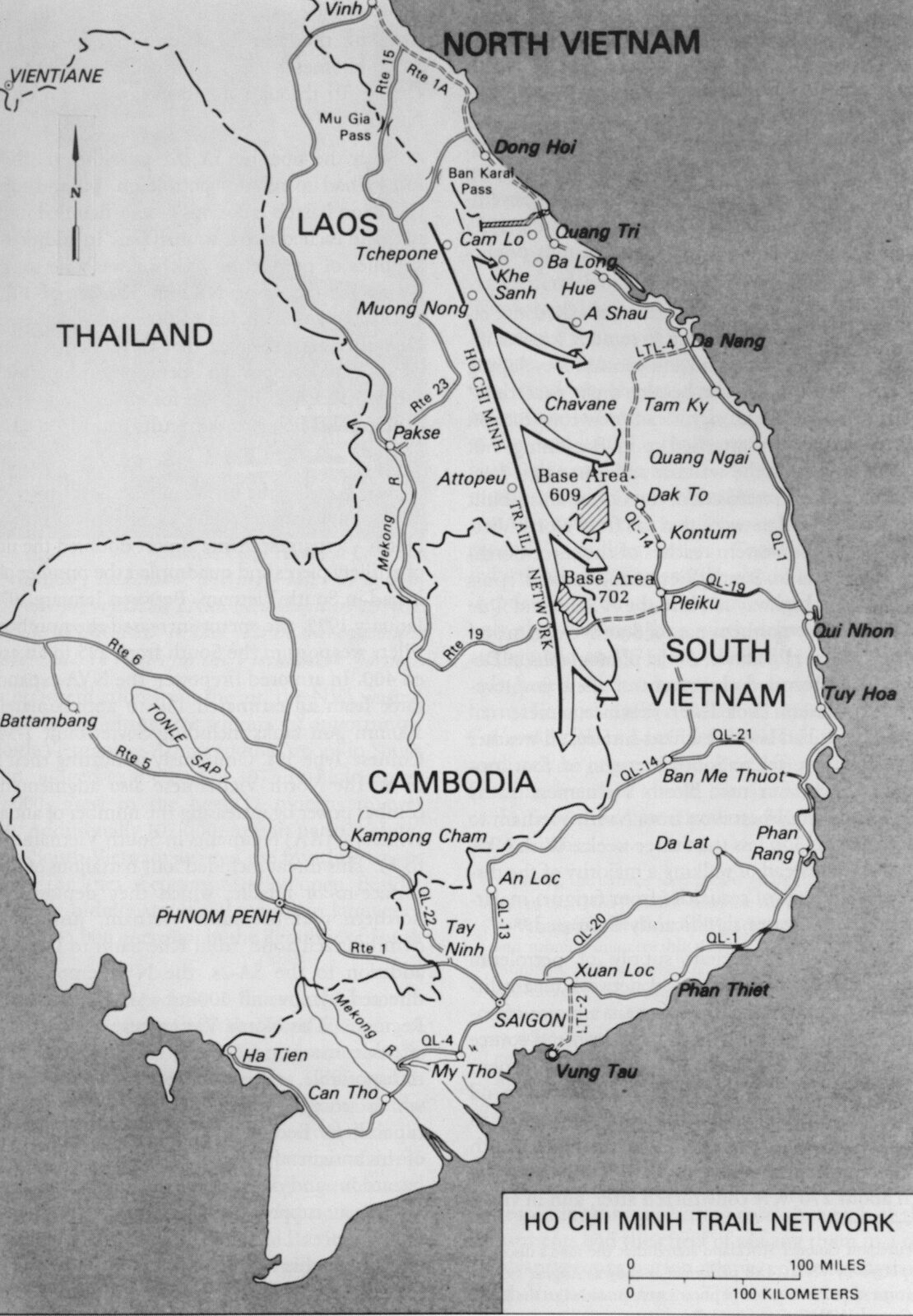 US military map of the Ho Chi Minh Trail network, showing infiltration routes running south through Laos and into Cambodia and South Vietnam.
