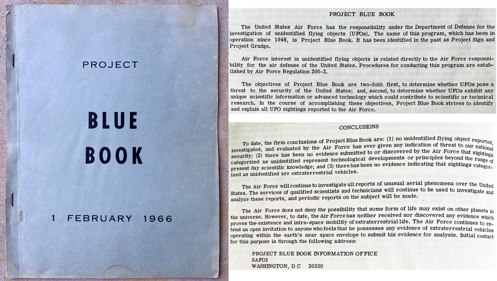 Open pages of an original 1966 US Air Force Project Blue Book report showing tables of UFO sighting statistics for the years 1953 to 1964