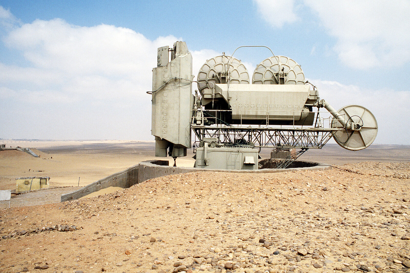 Soviet-built 'Fan Song' fire-control radar of the SA-2 surface-to-air missile system, a large trolley-mounted trough antenna