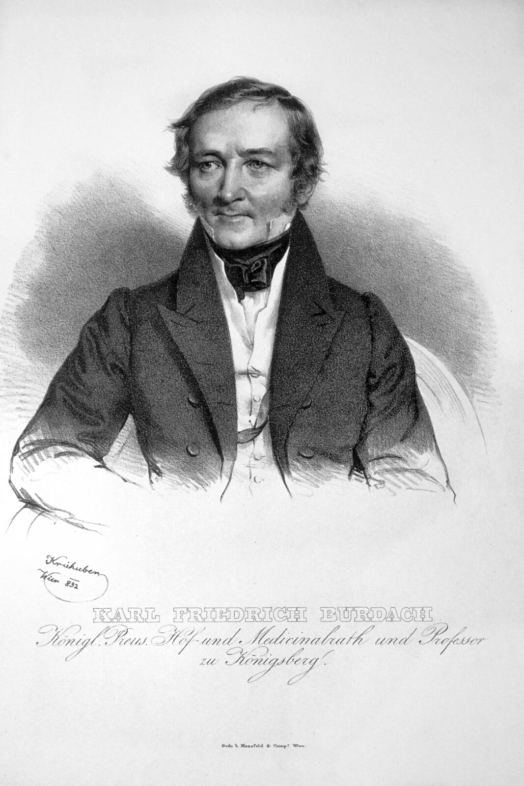 Lithograph portrait of the German physiologist Karl Friedrich Burdach, seated in early nineteenth-century dress