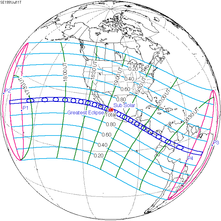 NASA map showing the path of totality of the 11 July 1991 solar eclipse crossing Mexico, Central America and South America