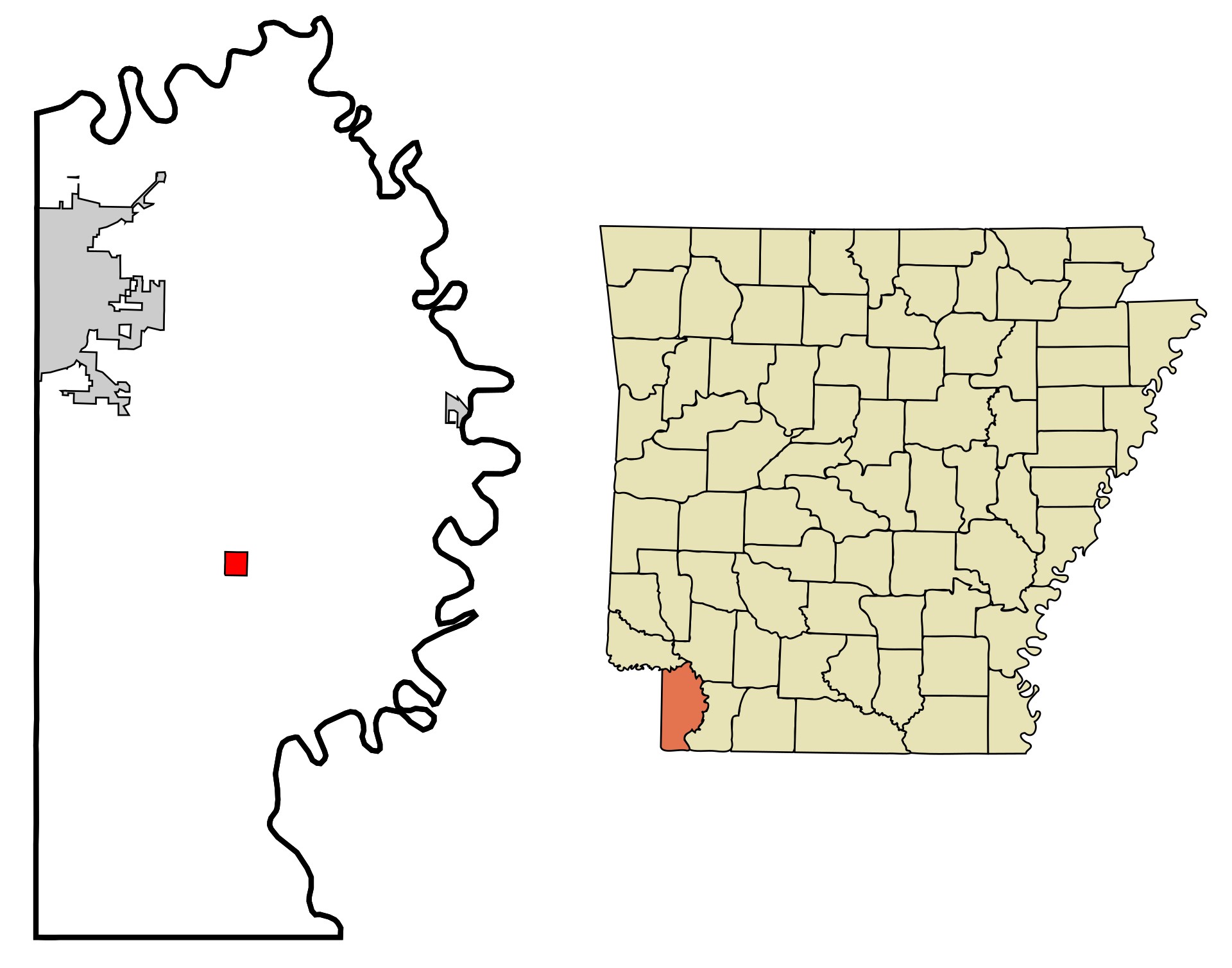 Map of Miller County, Arkansas, with the town of Fouke highlighted in red.