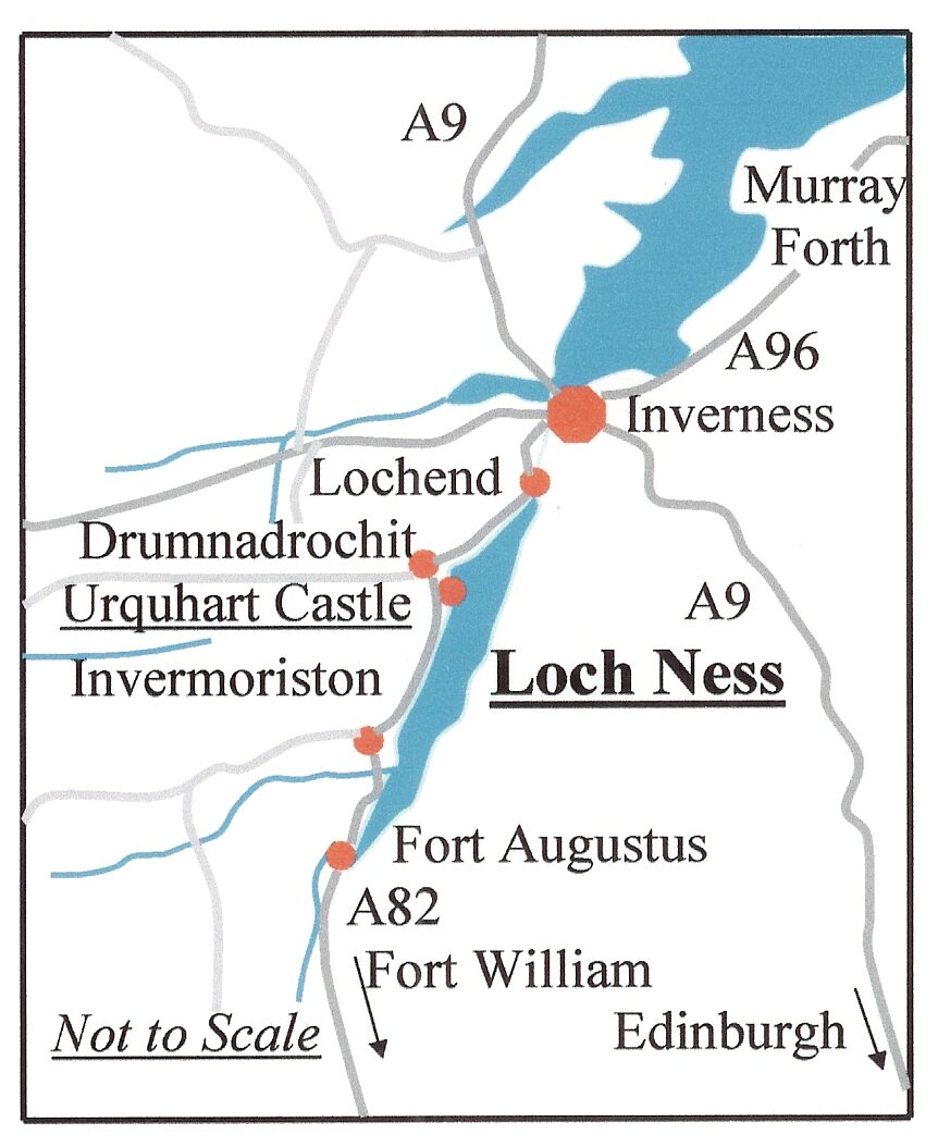 Map of Loch Ness showing the long narrow loch running north-east to south-west, with Inverness, Urquhart Castle and Fort Augustus marked