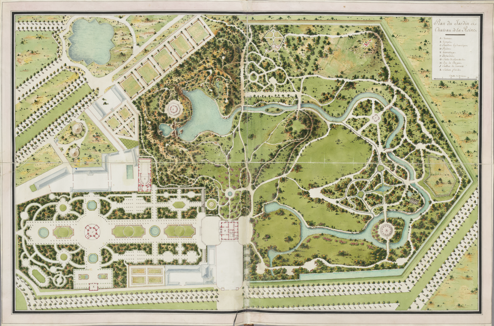 Eighteenth-century coloured plan of the Queen's garden and château at the Petit Trianon, showing paths, water features and garden buildings.