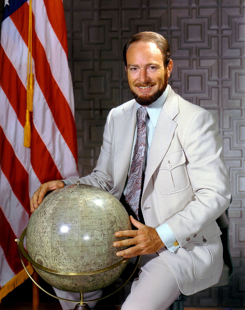 1971 NASA portrait of Apollo 14 astronaut Edgar Mitchell in a spacesuit
