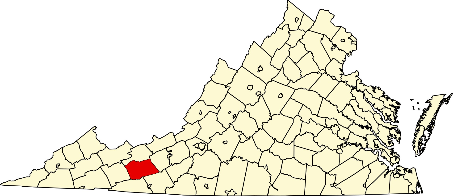 Outline map of the Commonwealth of Virginia with Wythe County shaded in the southwest of the state.