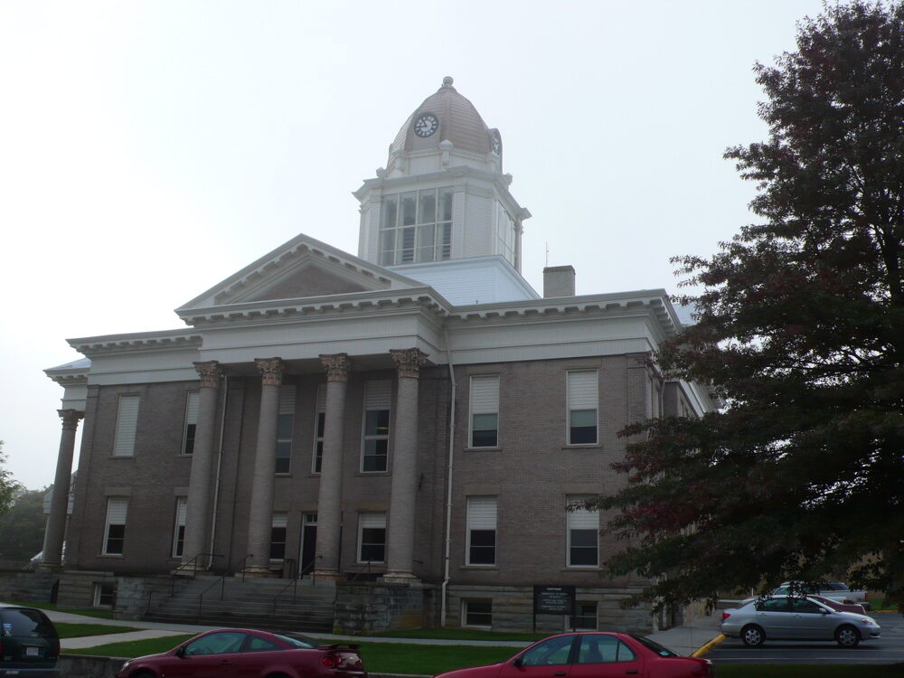 The Wythe County Courthouse in Wytheville, Virginia, a classical stone building with columns and a cupola.