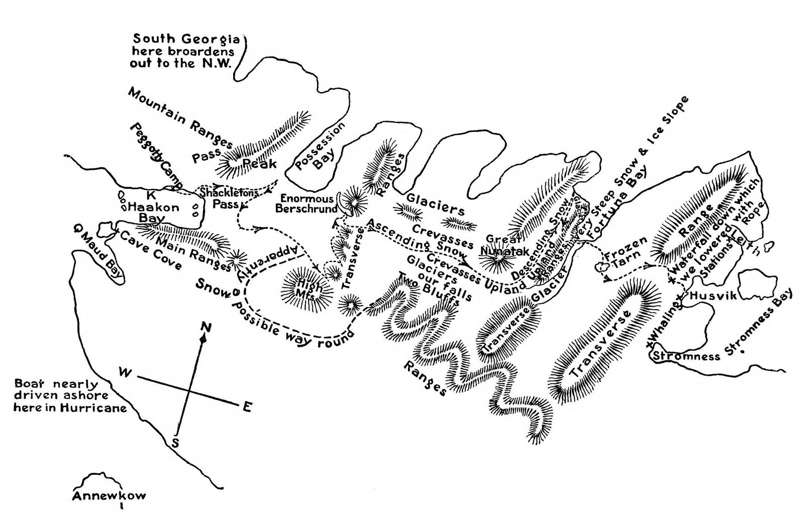 Hand-drawn 'Rough Memory Map of Route across South Georgia' from Shackleton's book South, showing the traverse from King Haakon Bay to Stromness across unmapped mountains and glaciers.
