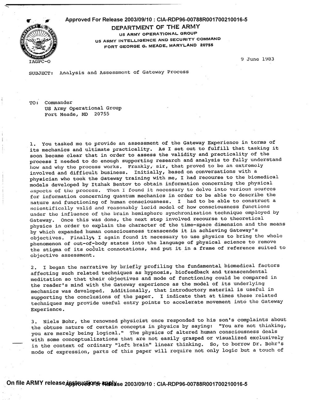 First page of the declassified CIA "Analysis and Assessment of Gateway Process" document